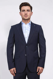 Slim fit mono yaka koyu lacivert takım elbise